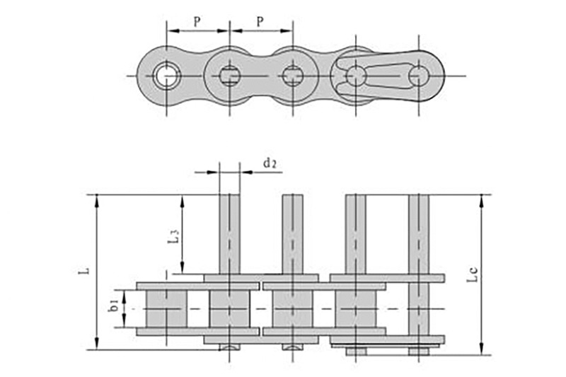 Short pitch and long pin conveyor chain